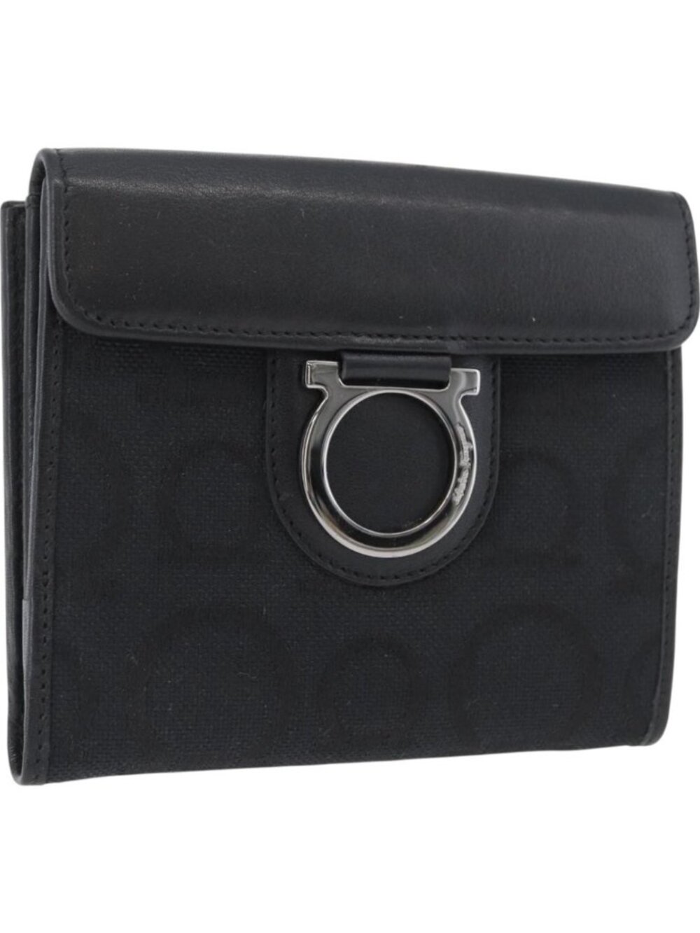 Salvatore Ferragamo Gancini Compact Wallet Nylon Leather Black
